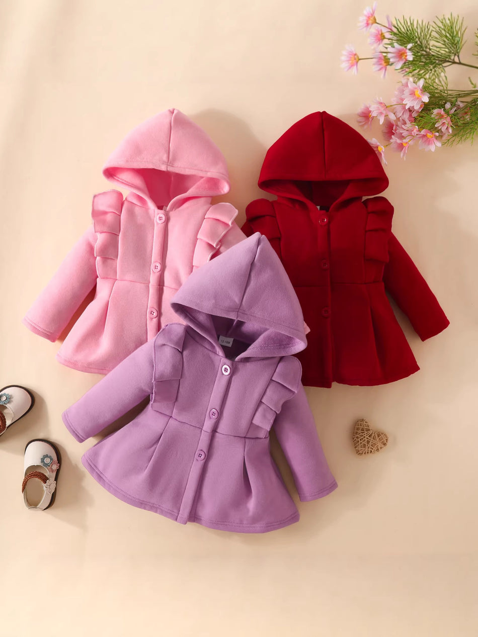 Baby Girls Hooded Lace Coat, Thickened, Mid-Long