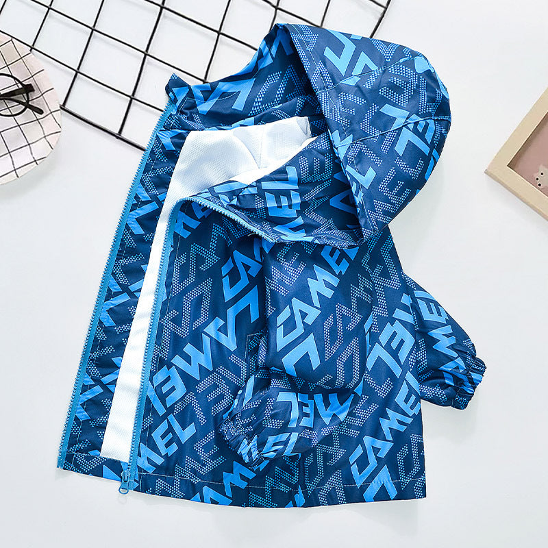 Boys Thin Zip-Up Windbreaker with Letter Print, Korean Style