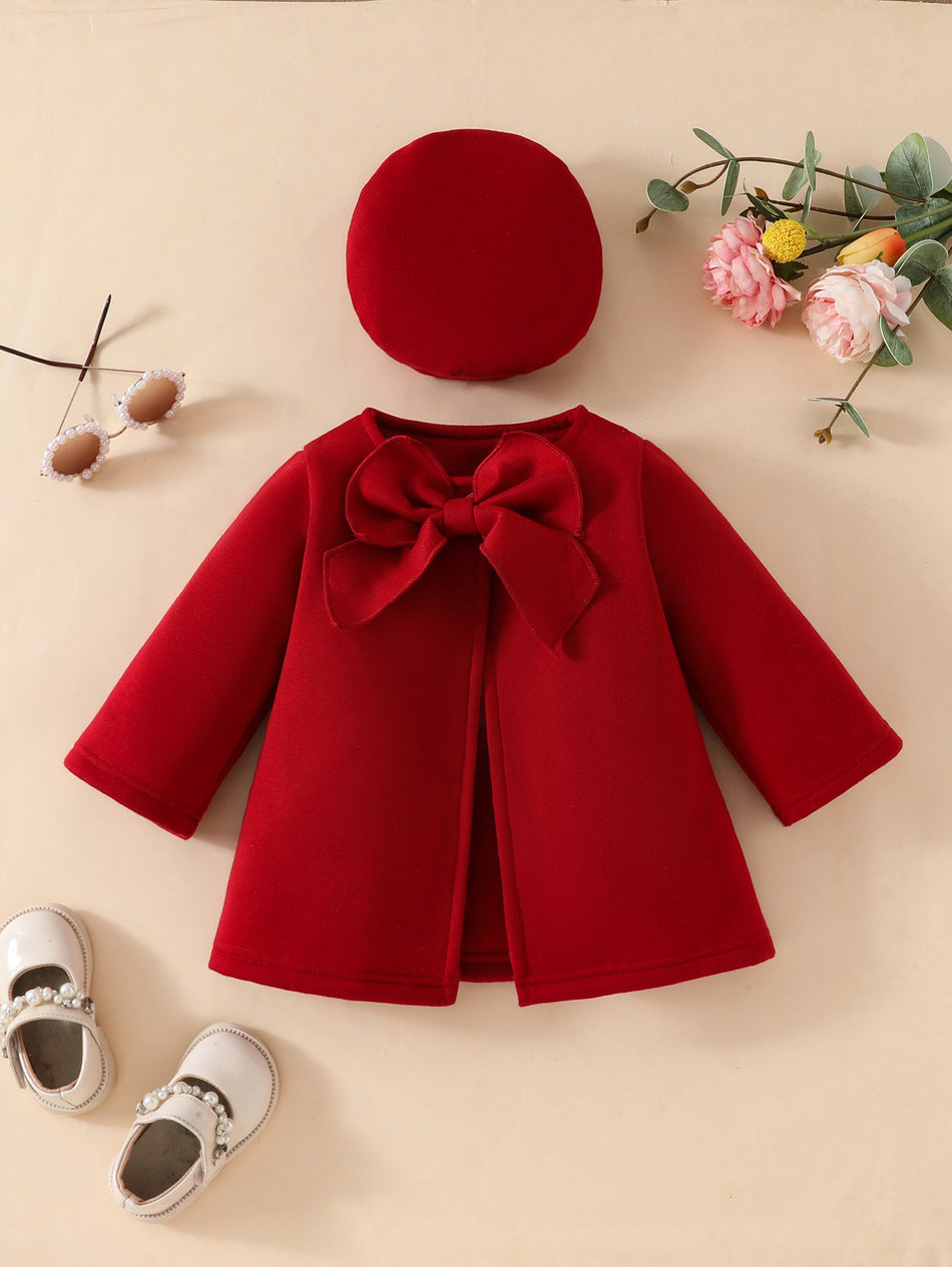 Baby Girls Bow Detail Jacket with Detachable Hood, Thickened