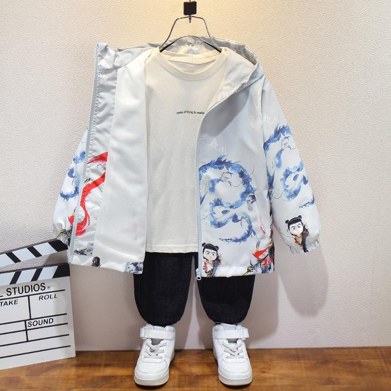 Boys Hooded Windbreaker with Cartoon Print, Detachable Belt