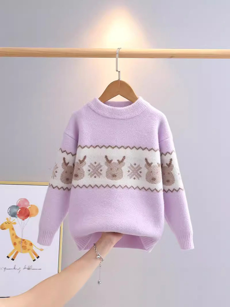 Korean Velvet Sweater for Girls, Cartoon Deer Print
