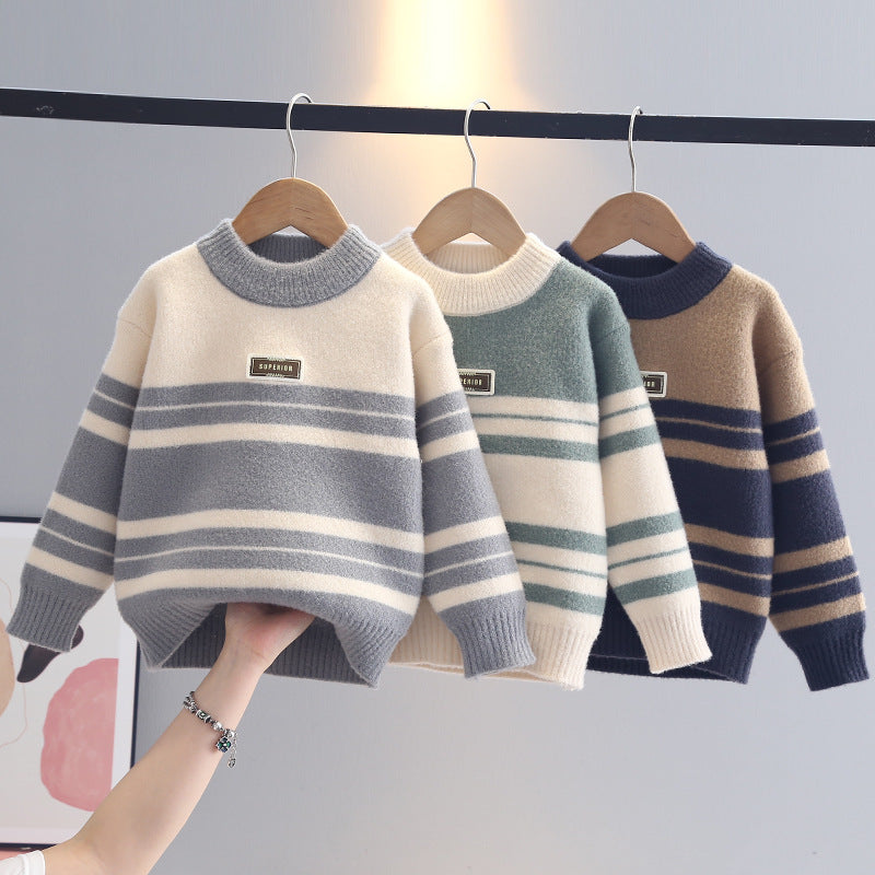 Striped Knit Pullover for Boys, Round Neck Sweater