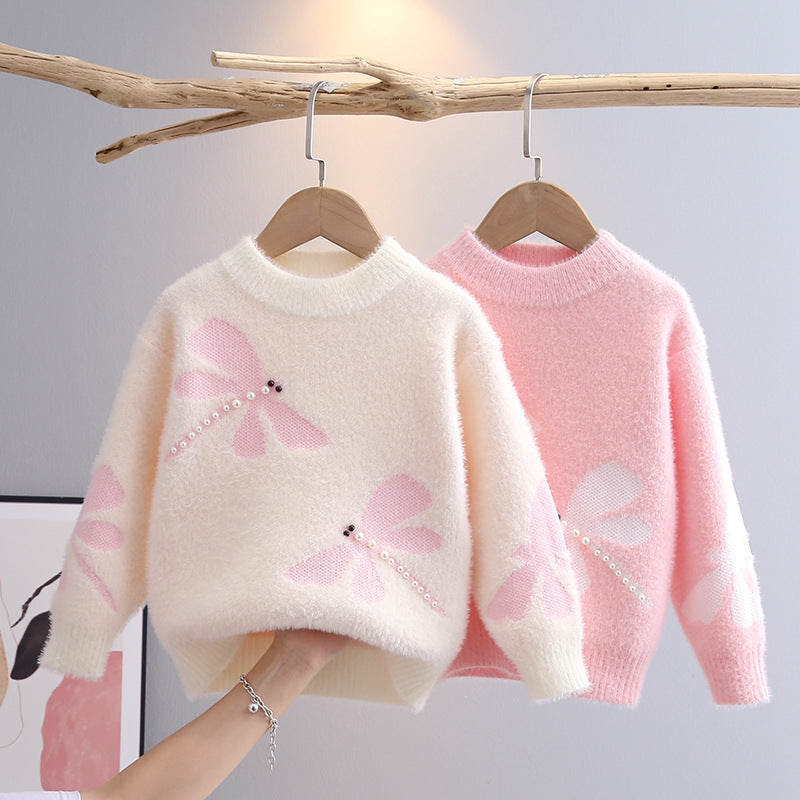 Faux Mink Fur Sweater for Girls, Princess Bow Detail