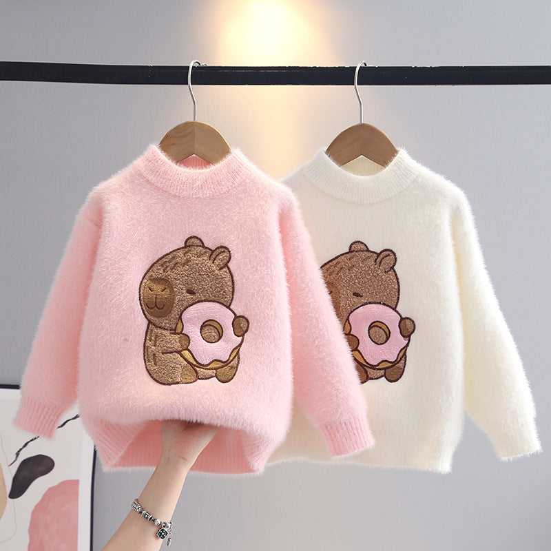 Cartoon Appliqué Sweater for Girls, Round Neck Pullover