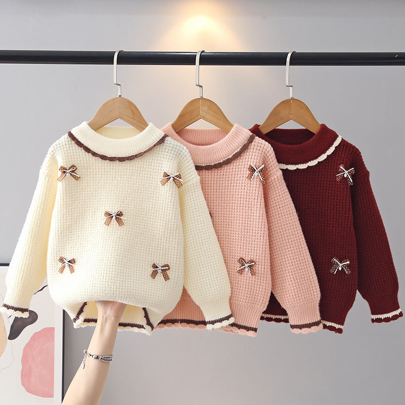 Bow Detail Knit Sweater for Girls, Thickened Pullover
