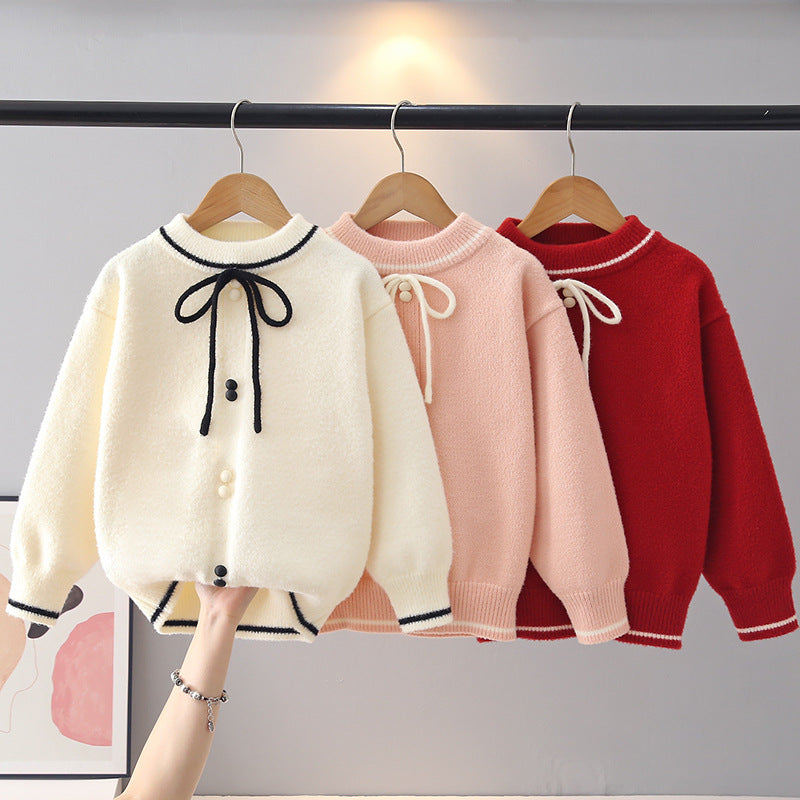 Bow Tie Knit Sweater for Girls, Round Neck Pullover