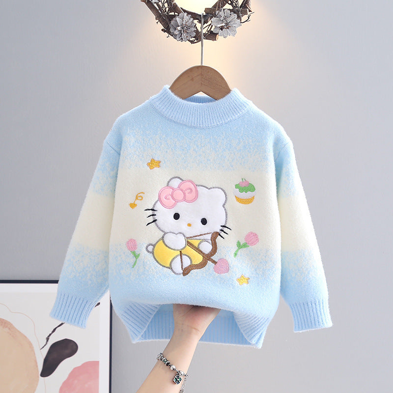 Cartoon Print Knit Sweater for Girls, Round Neck