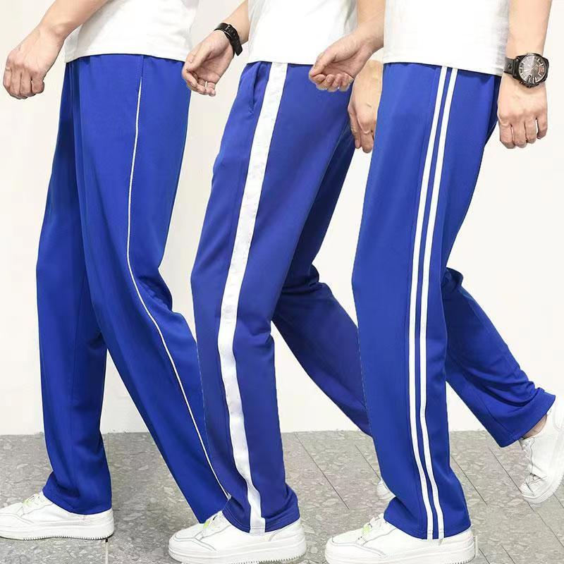 Sky Blue Striped Viscose Sport Pants, Loose Fit