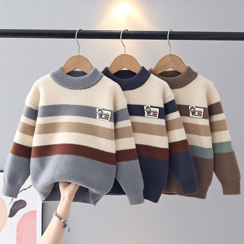 Color-Matched Striped Sweater for Boys, Round Neck Pullover