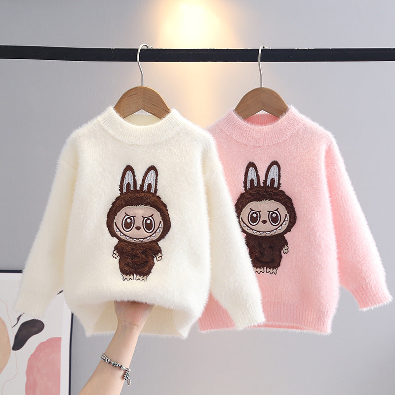 Cartoon Print Knit Sweater for Girls, Round Neck Pullover