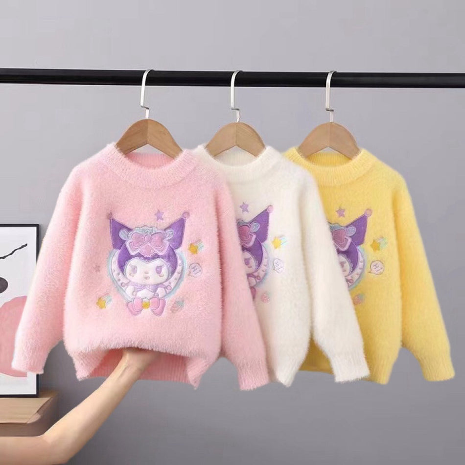 Cartoon Print Knit Sweater for Girls, Thickened Pullover