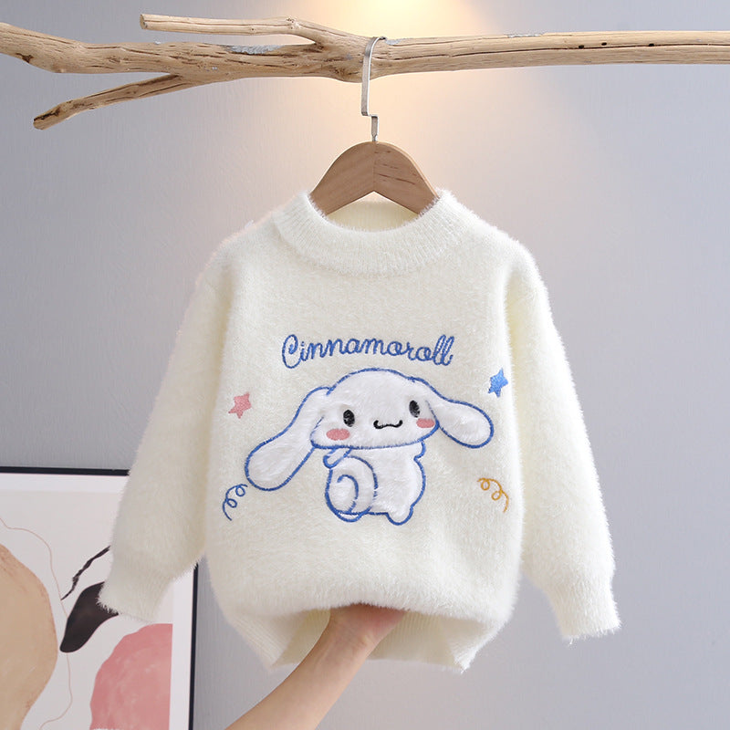 Faux Mink Velvet Zip Sweater for Girls, Cartoon Print