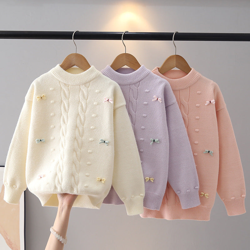 Bow Tie Knit Sweater for Older Girls, Floral Pullover