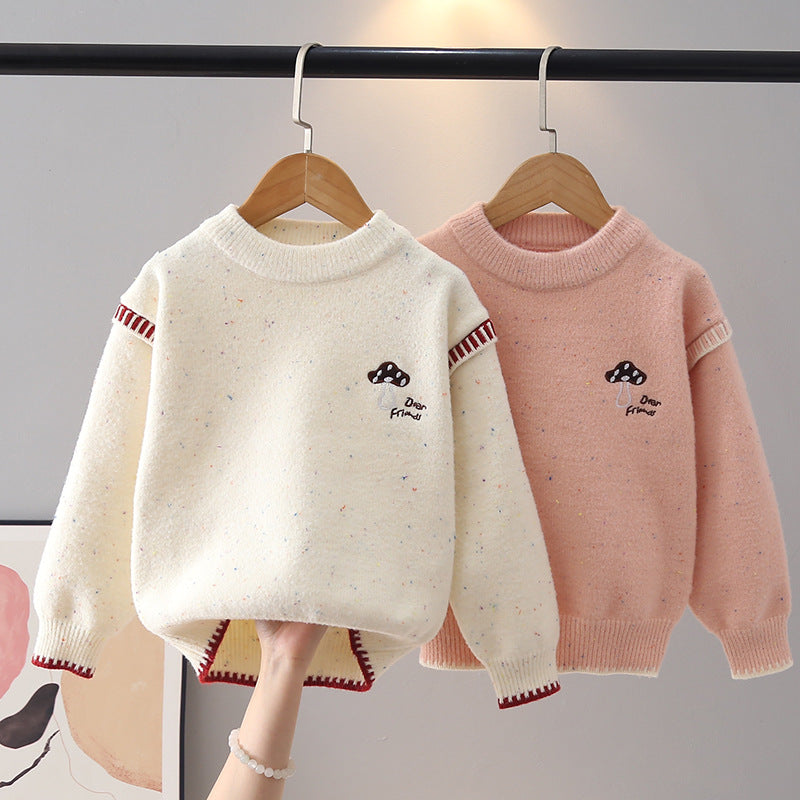 Embroidered Cartoon Sweater for Girls, Round Neck Pullover