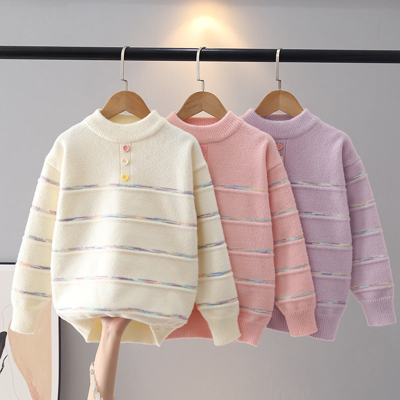 Striped Color-Block Sweater for Older Girls, Crew Neck