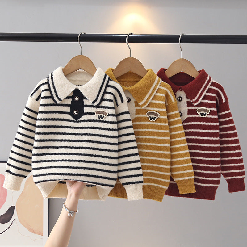 Striped Fleece Knit Sweater for Boys, Crew Neck Pullover