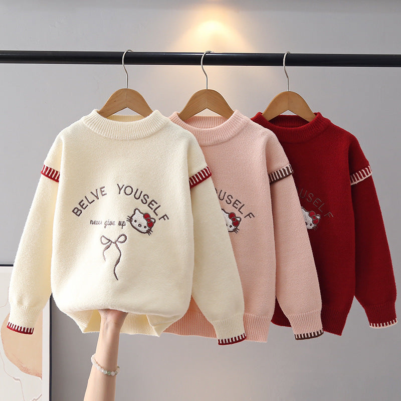 Embroidered Cartoon Sweater for Older Girls, Round Neck