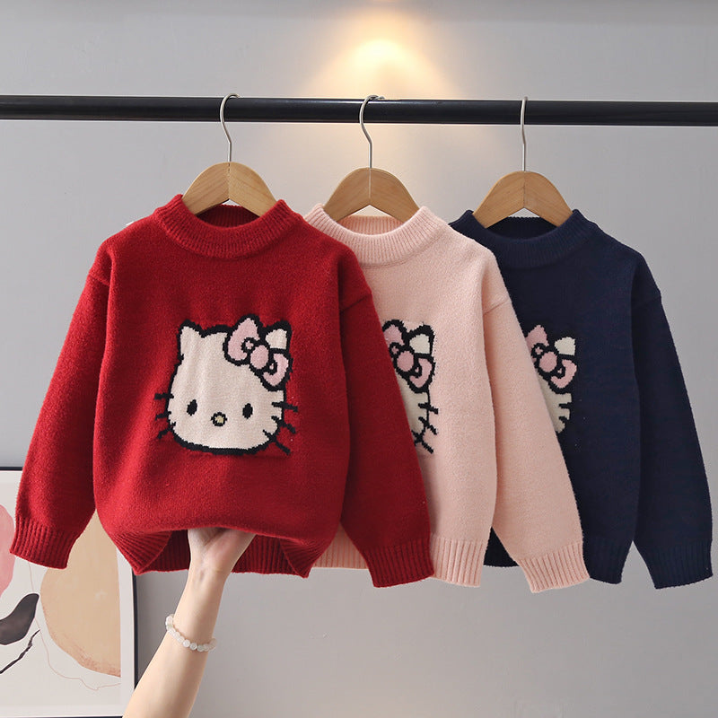 Cartoon Print Sweater for Girls, Round Neck Pullover
