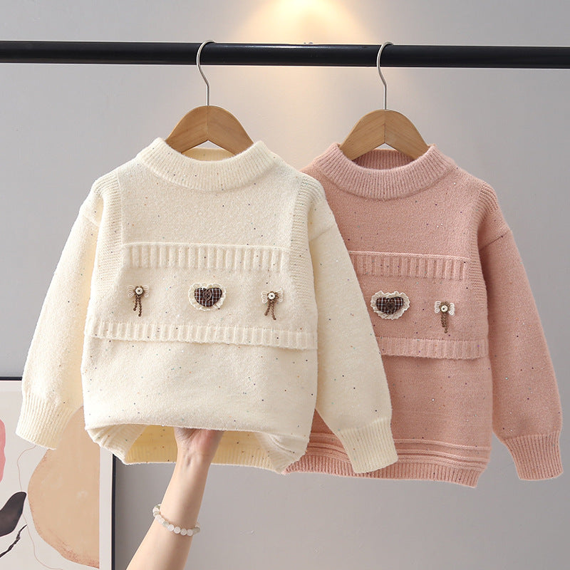 Bow Tie Print Sweater for Girls, Round Neck Pullover
