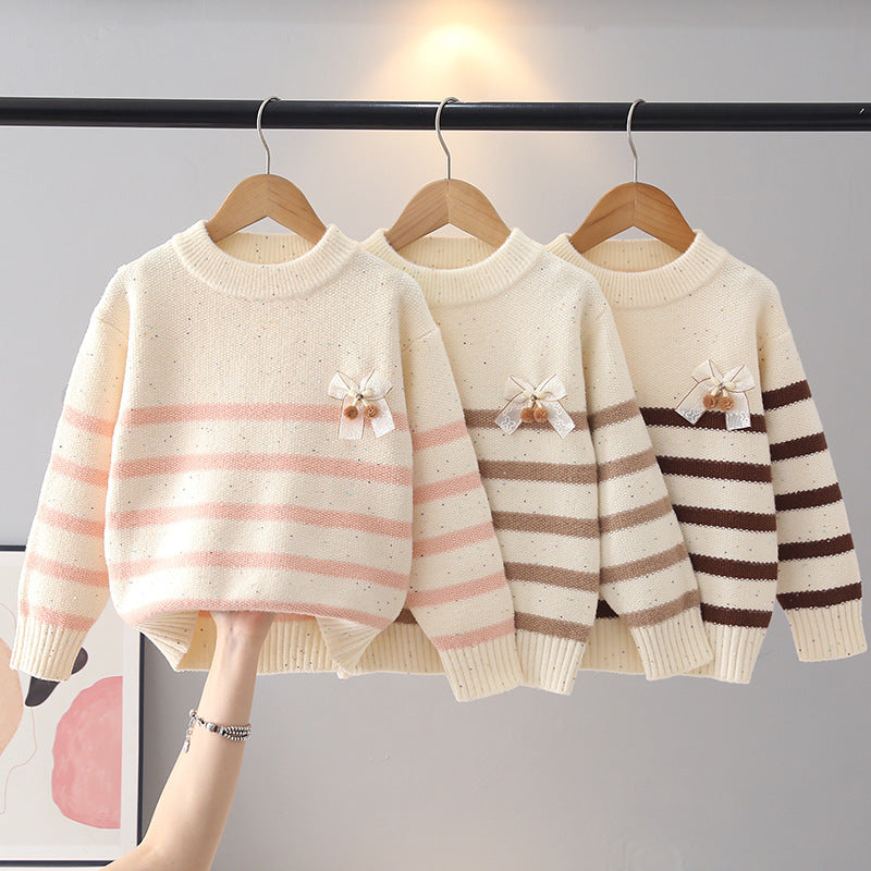Fine Knit Striped Sweater for Girls, Round Neck