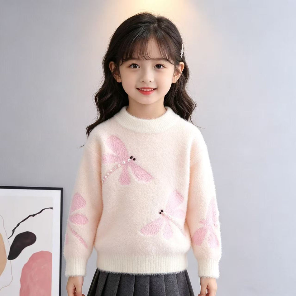 Bow Detail Knit Sweater for Girls, Thickened Pullover