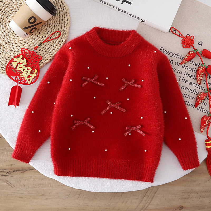 Pearl Bow Knit Sweater for Girls, Thickened Pullover