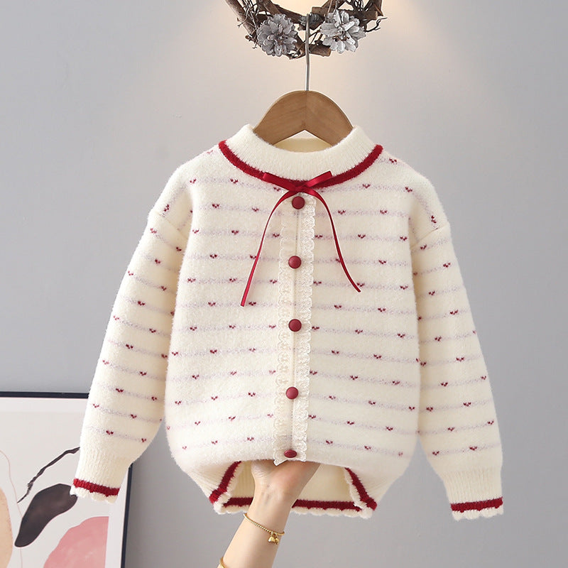 Dot Print Knit Sweater for Older Girls, Thickened Pullover