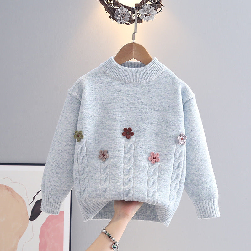 Floral Print Knit Sweater for Girls, Round Neck Pullover