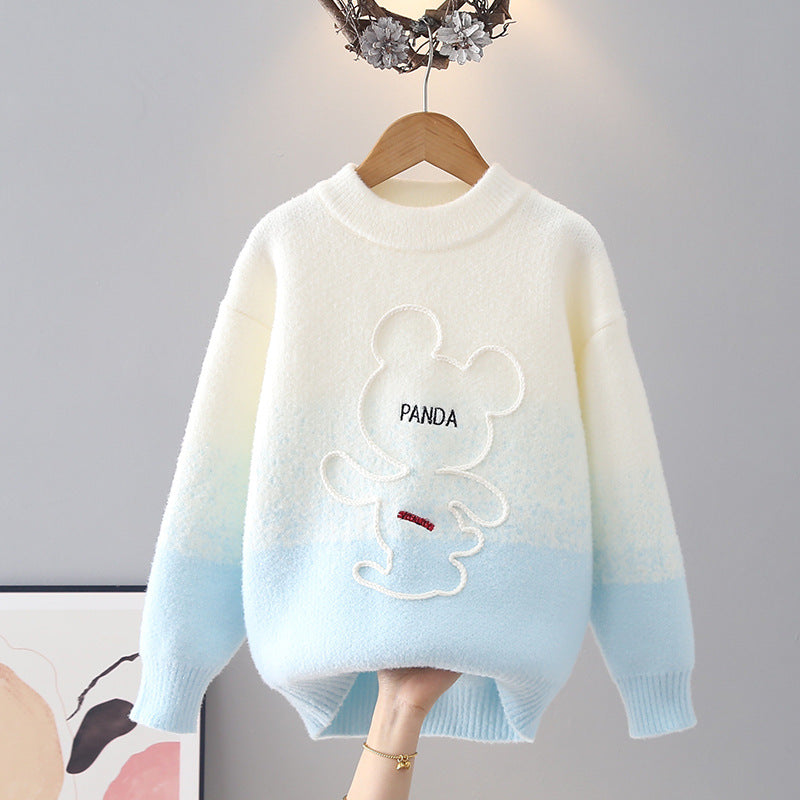Fleece-Lined Cartoon Sweater for Older Girls, Round Neck