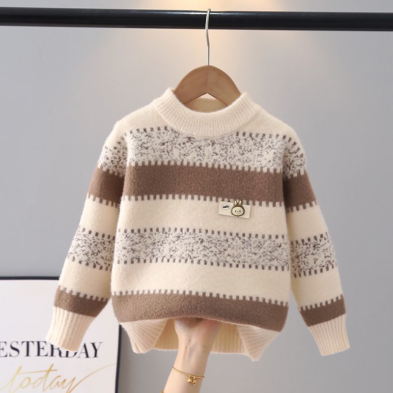 Thickened Striped Sweater for Boys, Round Neck Pullover