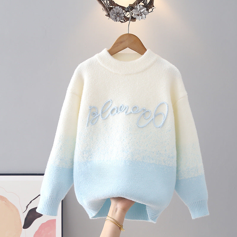 Fleece-Lined Cartoon Sweater for Older Girls, Round Neck