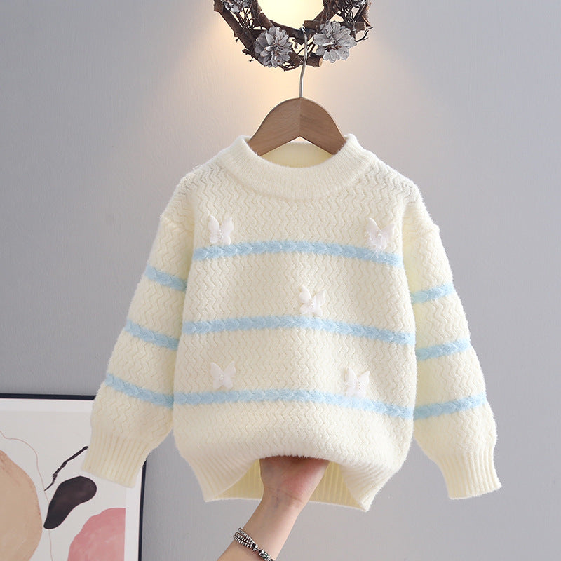 Cute Butterfly Knit Sweater for Girls, Round Neck
