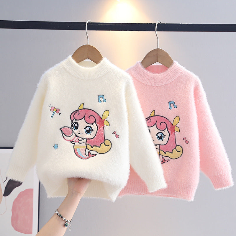 Cartoon Mermaid Sweater for Girls, Round Neck Pullover