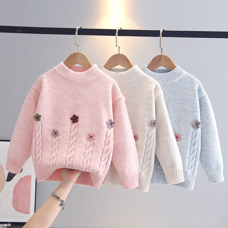 Floral Print Knit Sweater for Girls, Round Neck Pullover