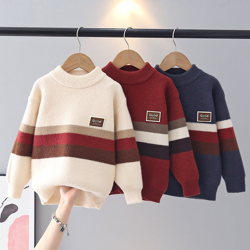 Color-Match Striped Sweater for Boys, Round Neck Pullover