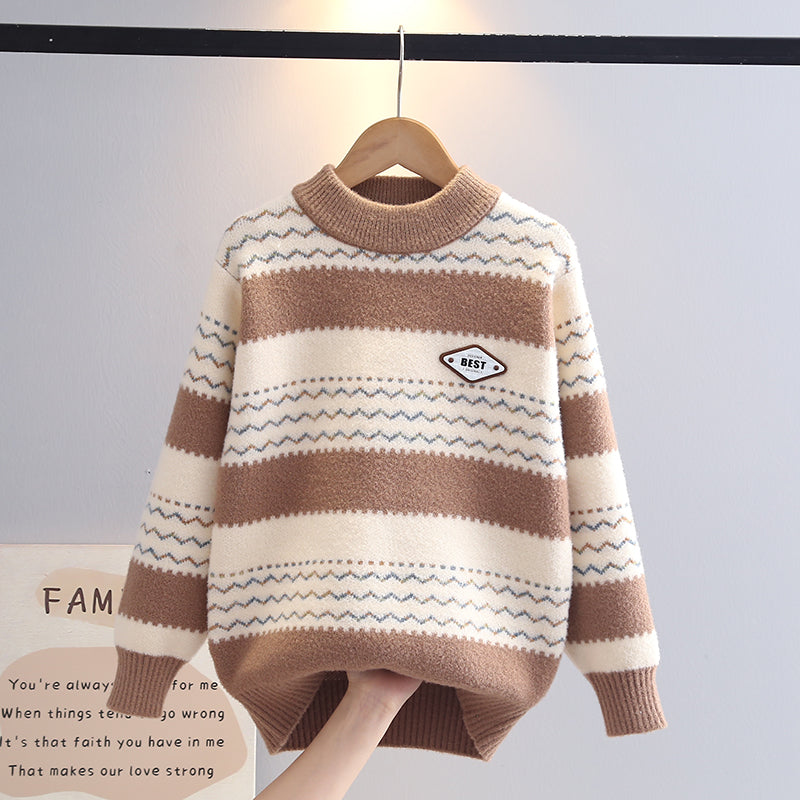 Thickened Striped Sweater for Boys, Simple Round Neck