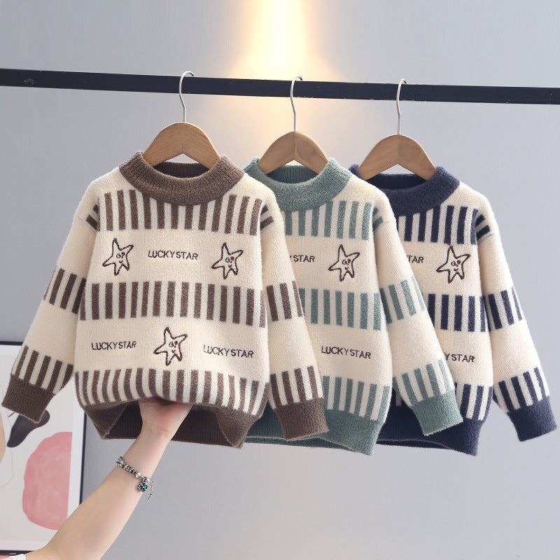 Striped Letter Sweater for Boys, Round Neck Pullover