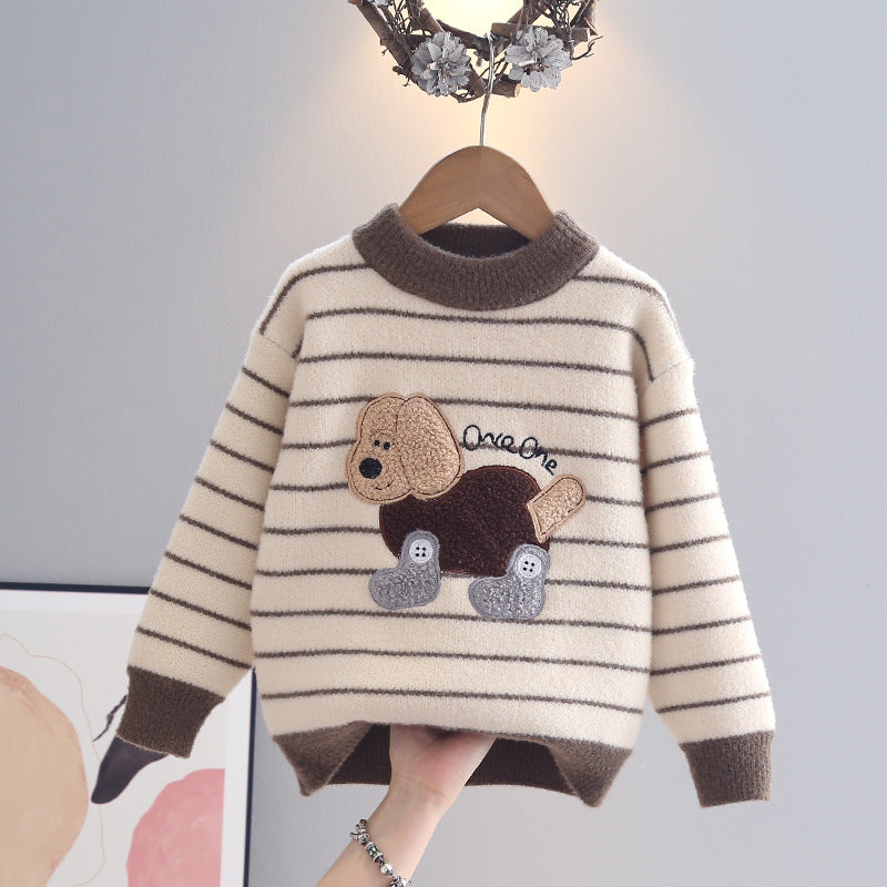 Striped Cartoon Sweater for Boys, Hooded Pullover