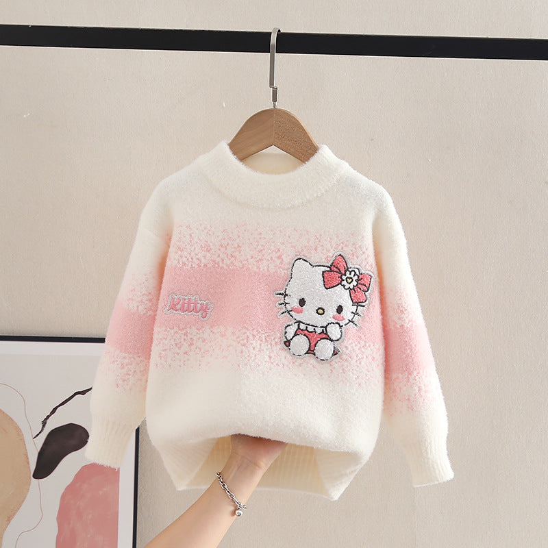 Cartoon Cat Print Sweater for Girls, Round Neck Pullover