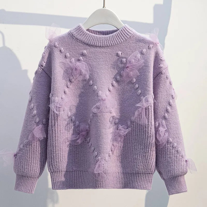 Mesh Splicing Sweater for Girls, Thickened Bow Pullover