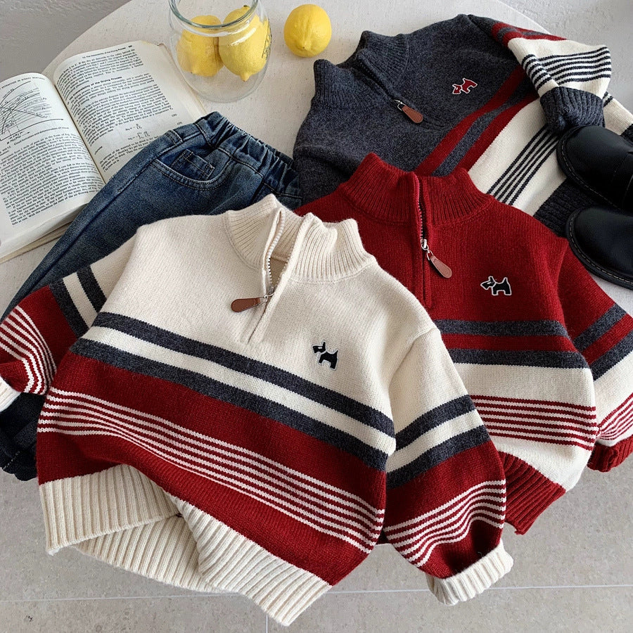 Striped Cartoon Sweater for Boys, Thickened Cotton Pullover