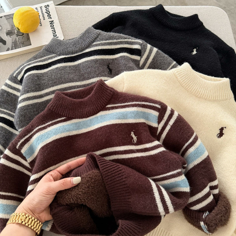 Embroidered Striped Sweater for Boys, Fleece-Lined Pullover