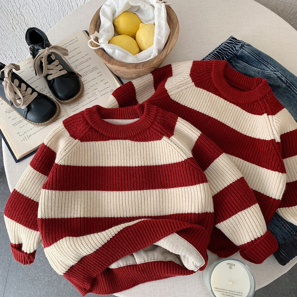 Striped Cotton Sweater for Boys, Thickened Round Neck