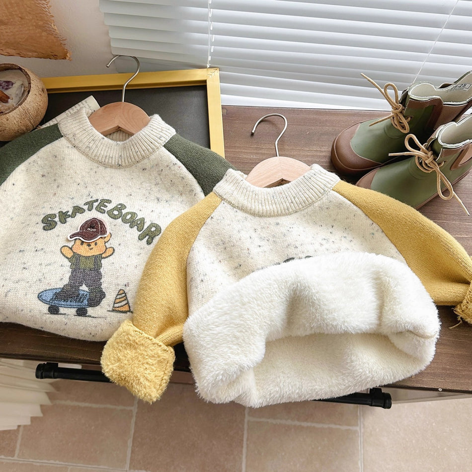 Fleece-Lined Cartoon Sweater for Boys, Thickened Pullover