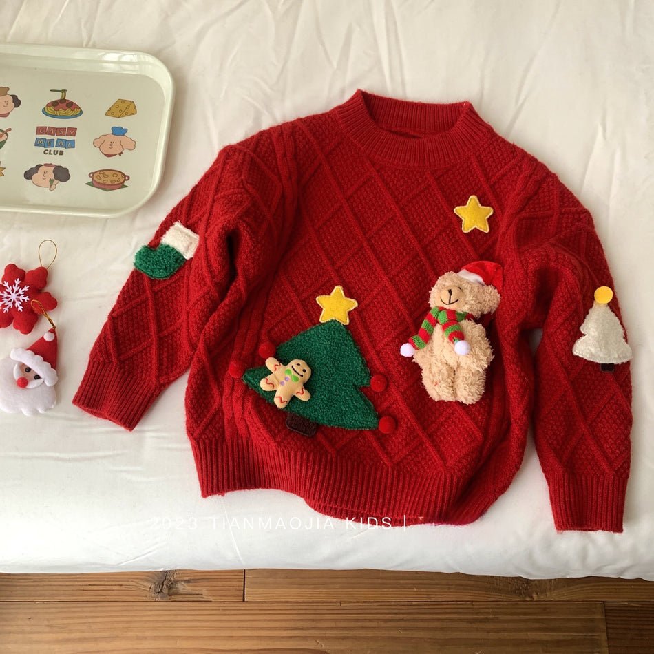 Cartoon Bear Print Sweater for Kids, Thickened Pullover