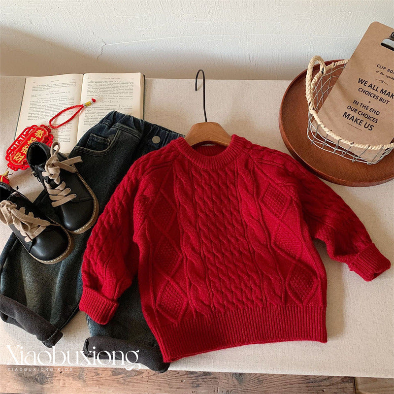 Thick Wool Red Sweater for Kids, Round Neck Pullover