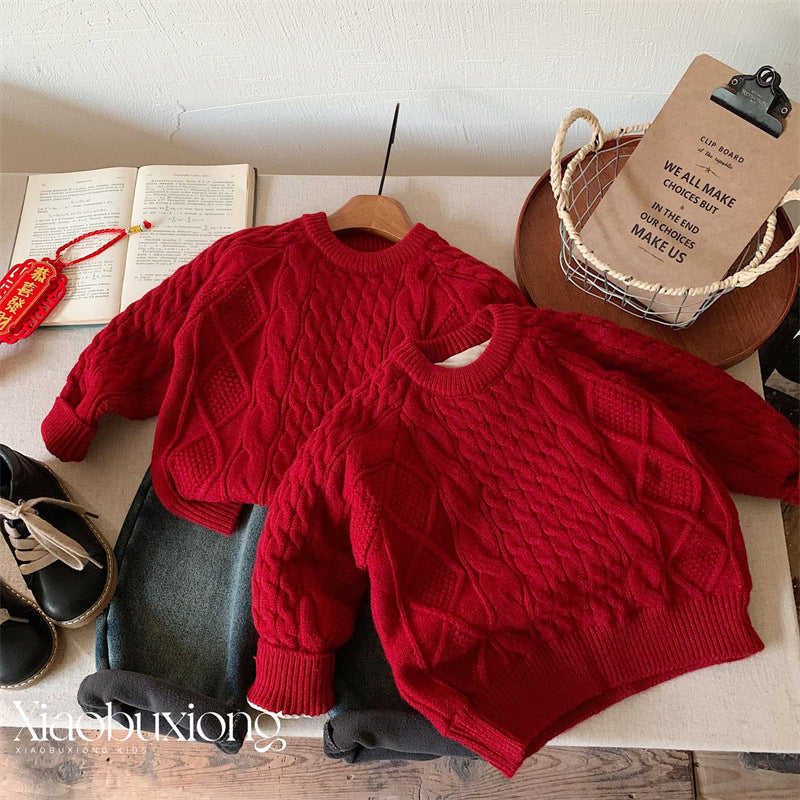 Thick Cable Knit Sweater for Kids, Solid Red Pullover