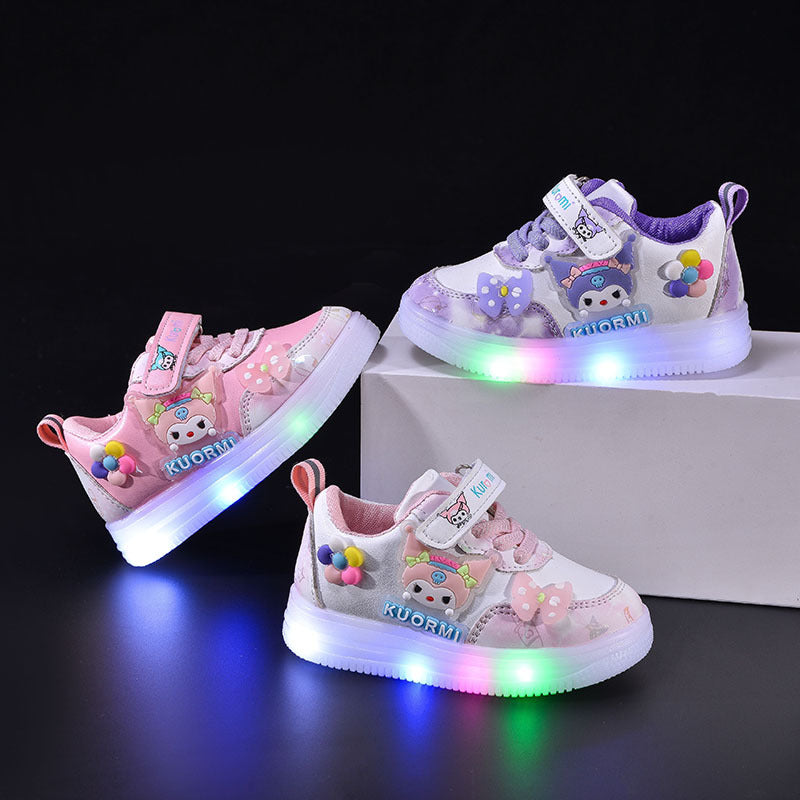 Light-Up PU Sneakers for Girls, Cartoon Casual Fit