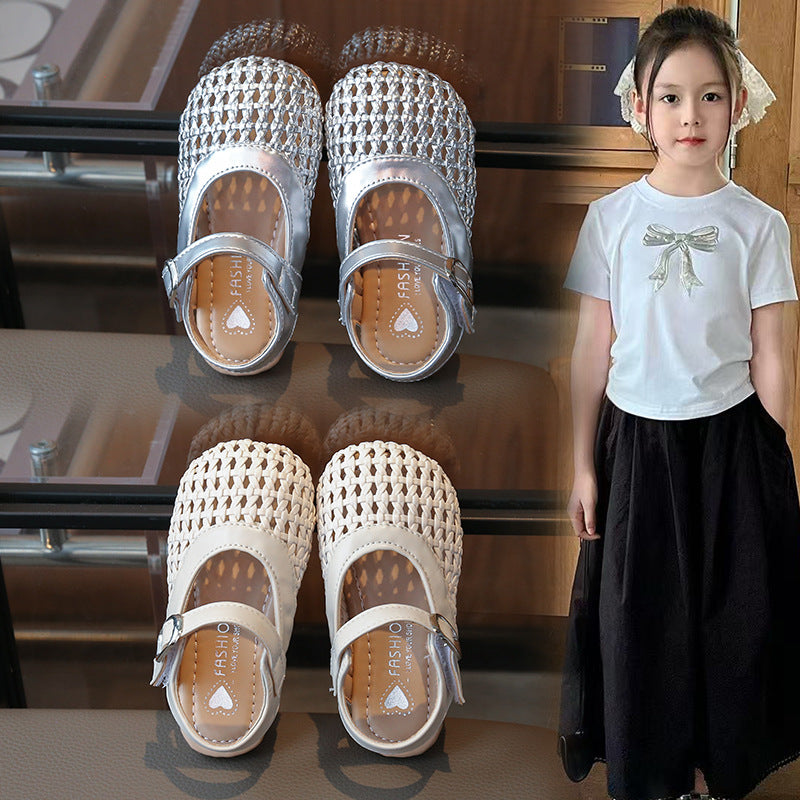 Woven Hollow-Out Girls' Half-Sandals with Velcro Strap