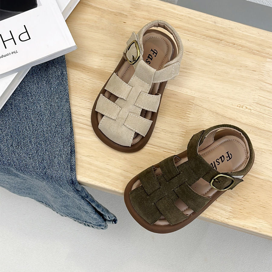 Woven Closed-Toe Girls' Roman Sandals with Soft Non-Slip Sole